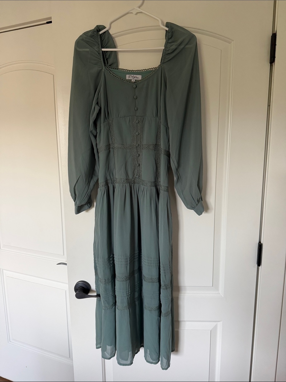 Polagram Sage Green Tiered Maxi Dress with Lace Insets